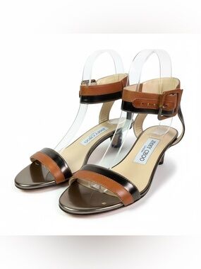 Jimmy Choo "Mansy" wedge two-tone  brown black sandals leather straps size 34.5
